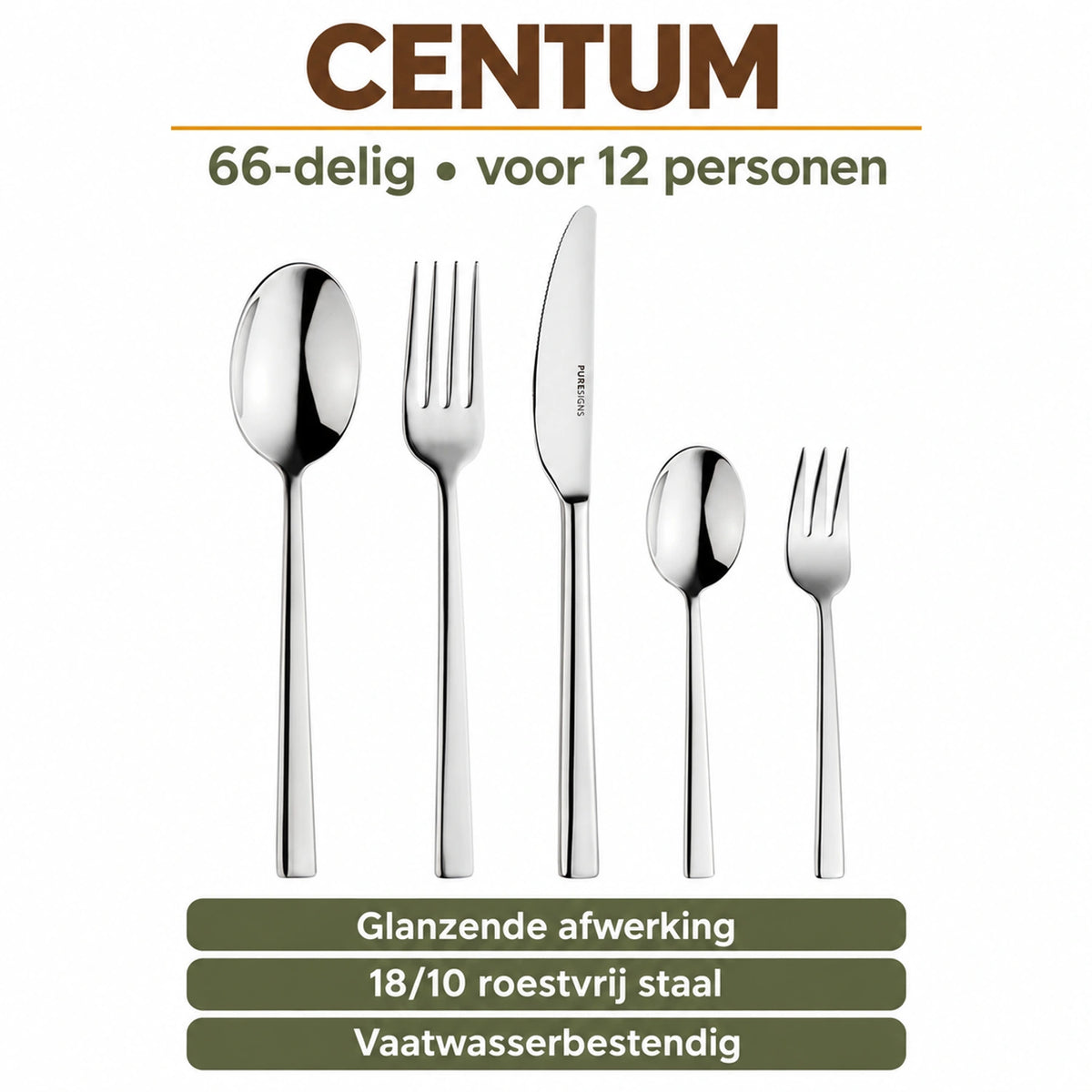 CENTUM: vijf bestekdelen uit de 66-delige set voor 12 personen, met informatie over afwerking, materiaal en onderhoud.