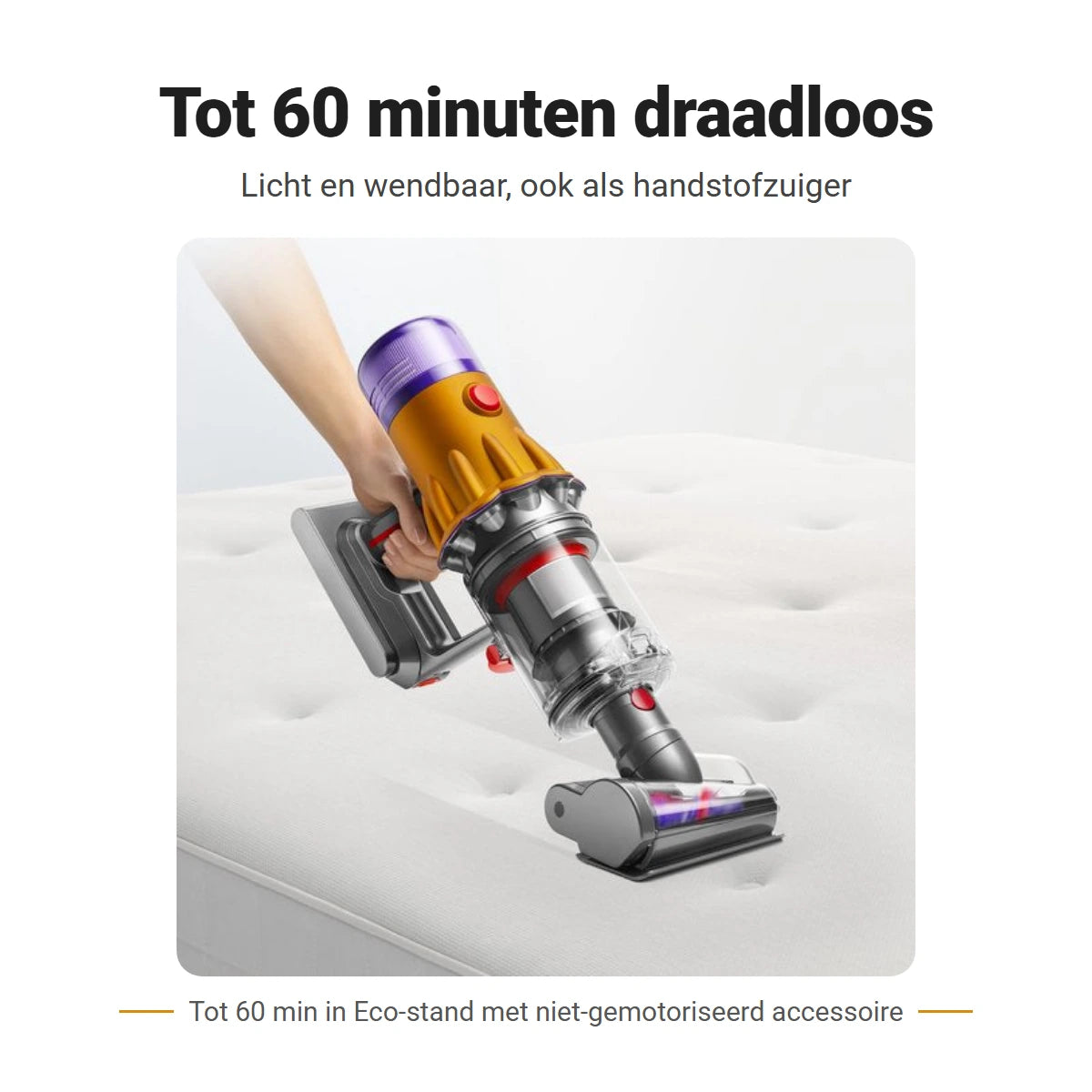 Dyson V12 Detect Slim Absolute als draadloze handstofzuiger op een matras, met tot 60 minuten gebruikstijd