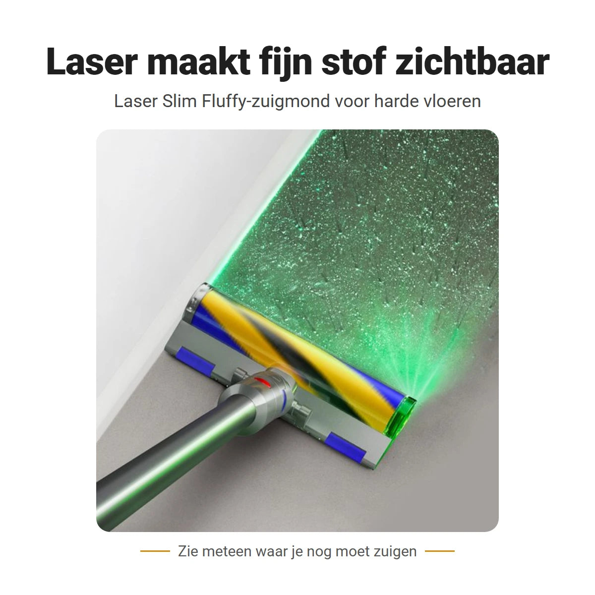 Dyson V12 Detect Slim Absolute met Laser Slim Fluffy-zuigmond die fijn stof zichtbaar maakt op een harde vloer