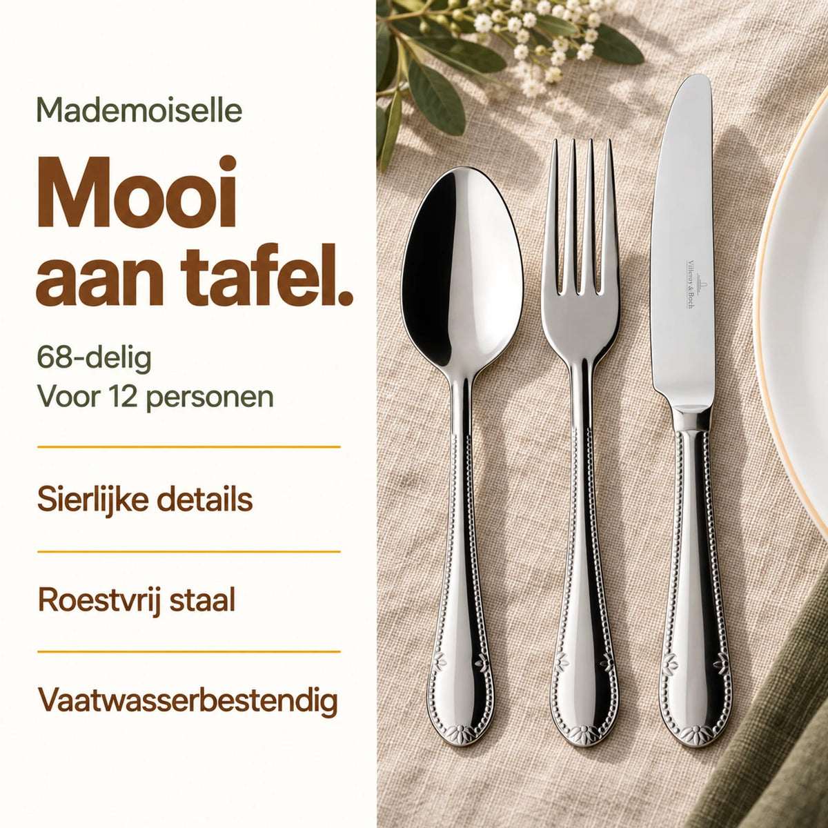 Mademoiselle lepel, vork en mes op licht linnen naast een wit bord, met voordelen van de 68-delige bestekset voor 12 personen.