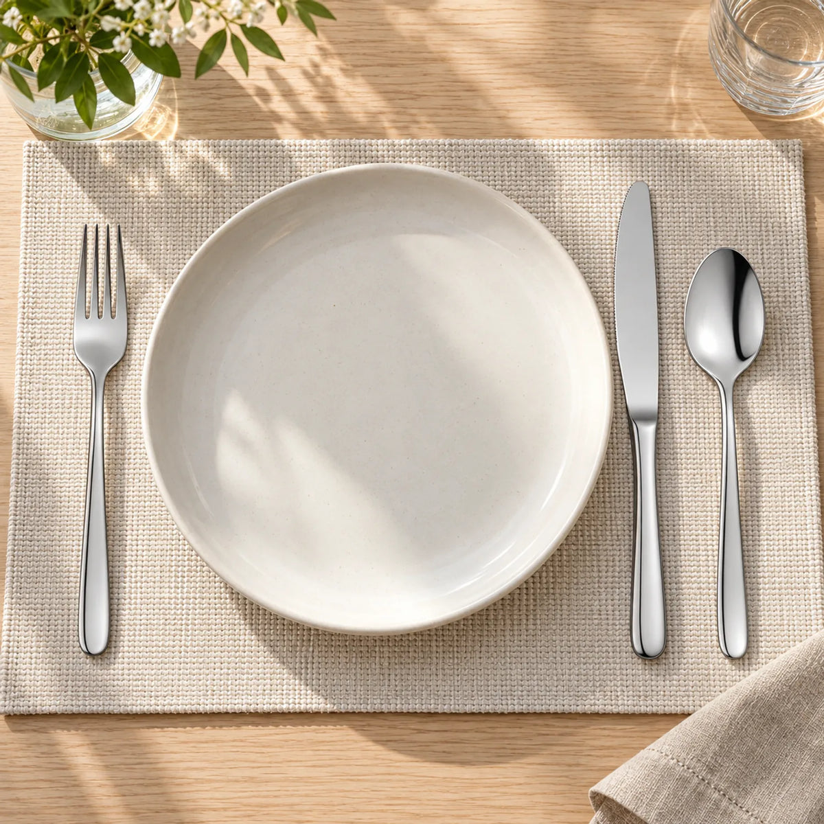 Gedekte tafel met gepolijst ZEVEN bestek uit de 30-delige set: een vork, mes en lepel naast een wit bord.