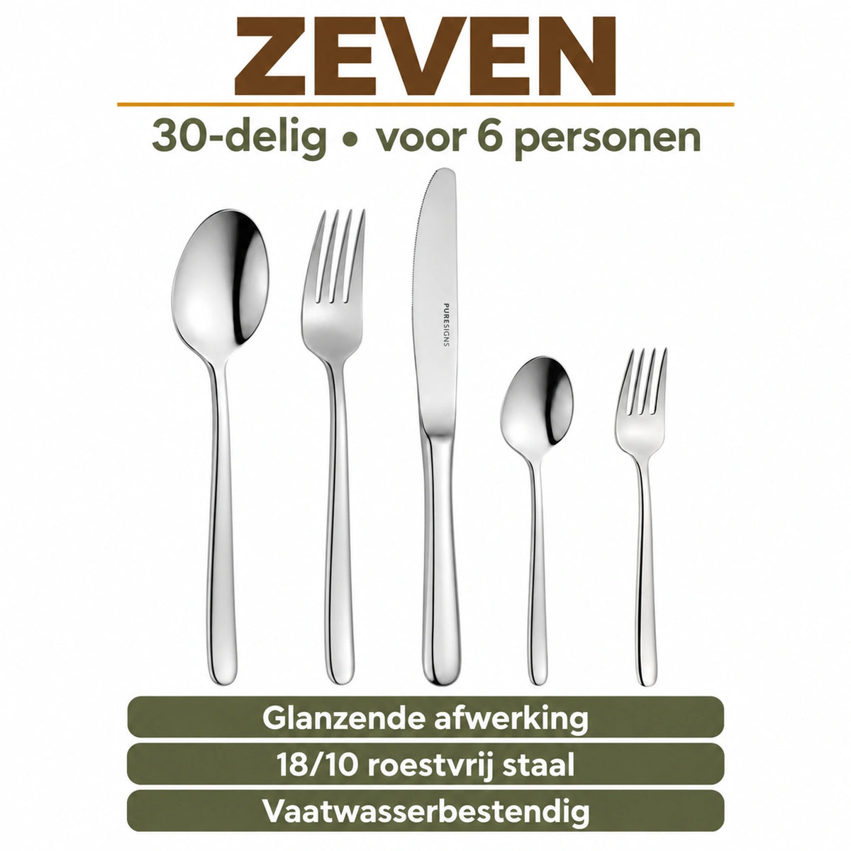 ZEVEN: vijf bestekdelen uit de 30-delige set voor 6 personen, met informatie over afwerking, materiaal en onderhoud.