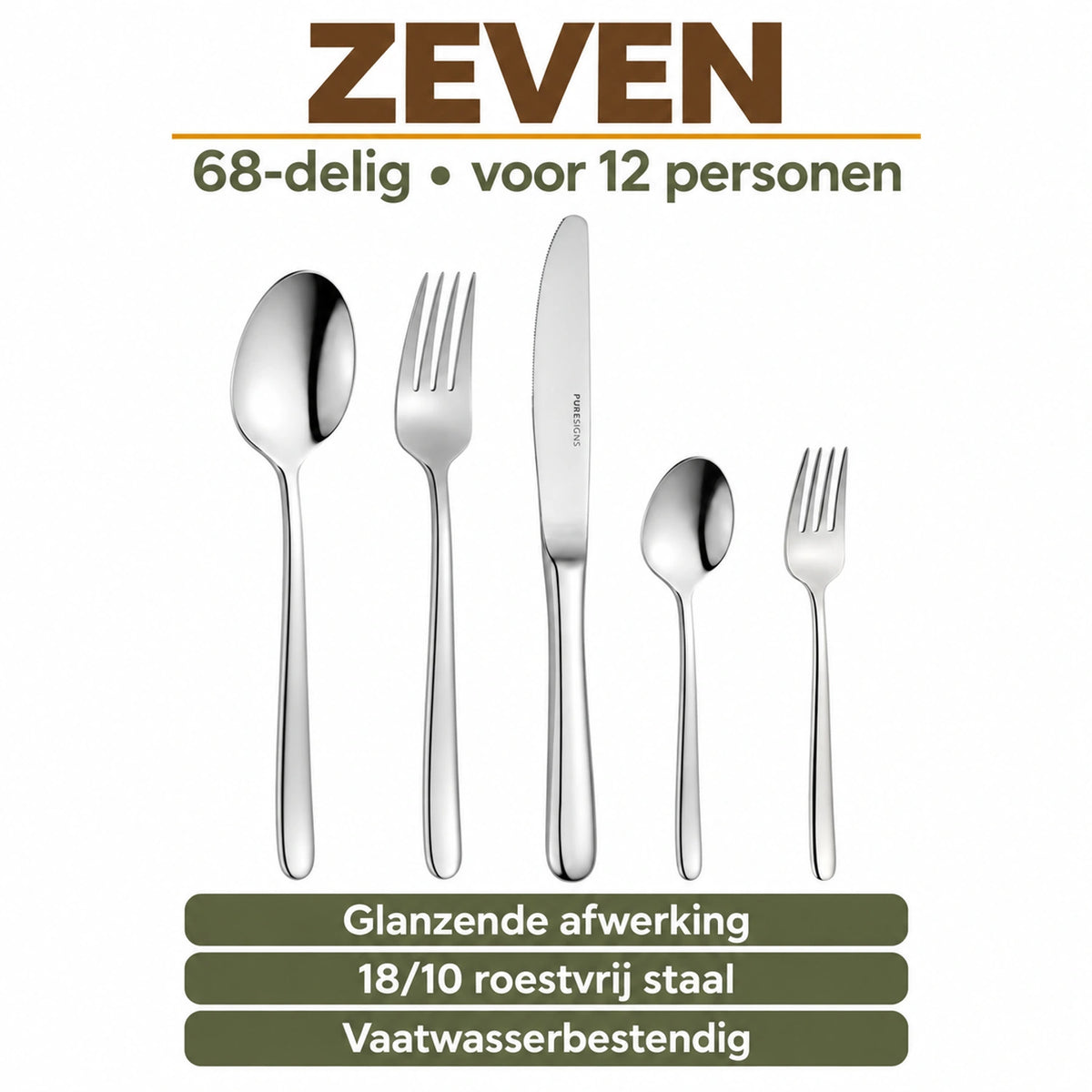 ZEVEN: vijf bestekdelen uit de 68-delige set voor 12 personen, met informatie over afwerking, materiaal en onderhoud.
