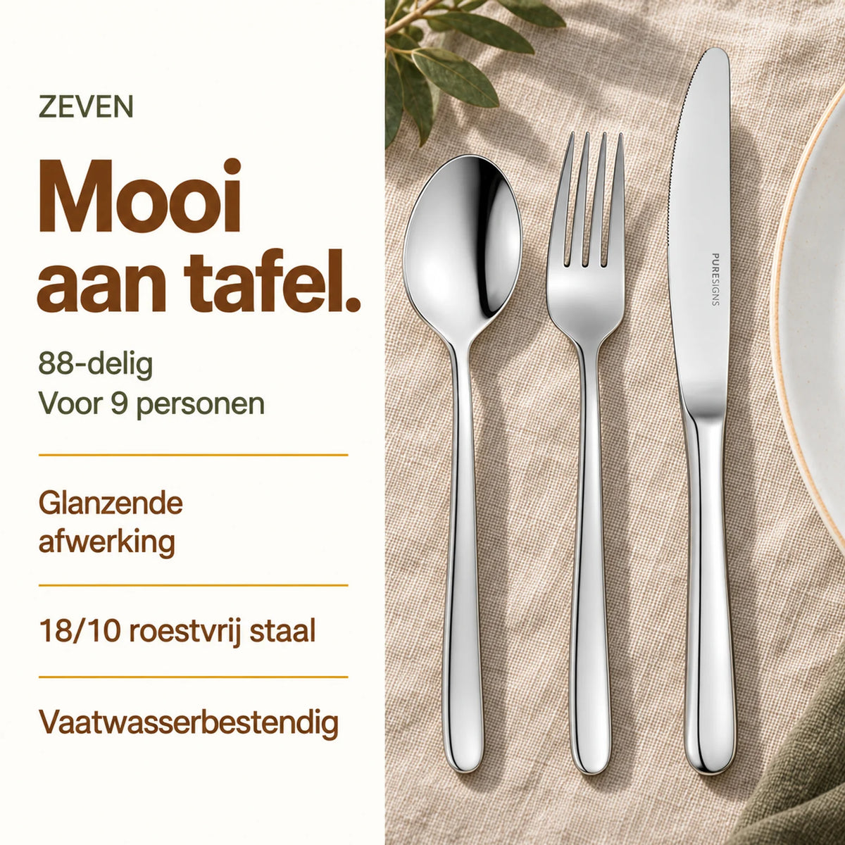 ZEVEN lepel, vork en mes op licht linnen naast een wit bord, met voordelen van de 88-delige bestekset voor 9 personen.