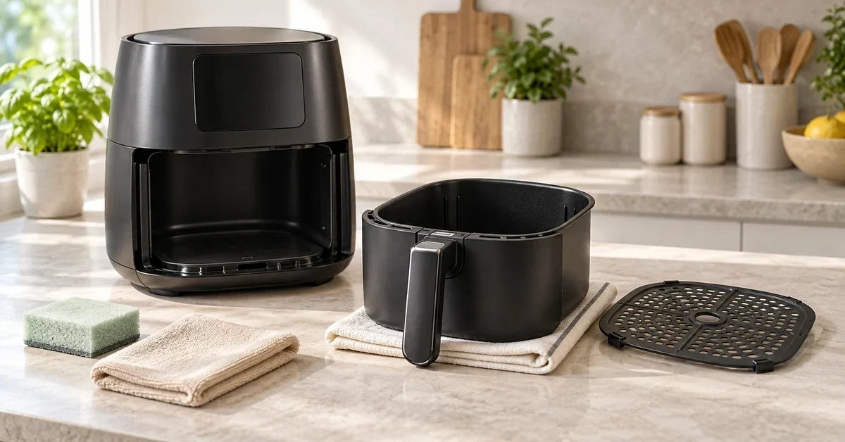 Illustratie van een airfryer met losse mand, crispplaat en zachte schoonmaakmaterialen