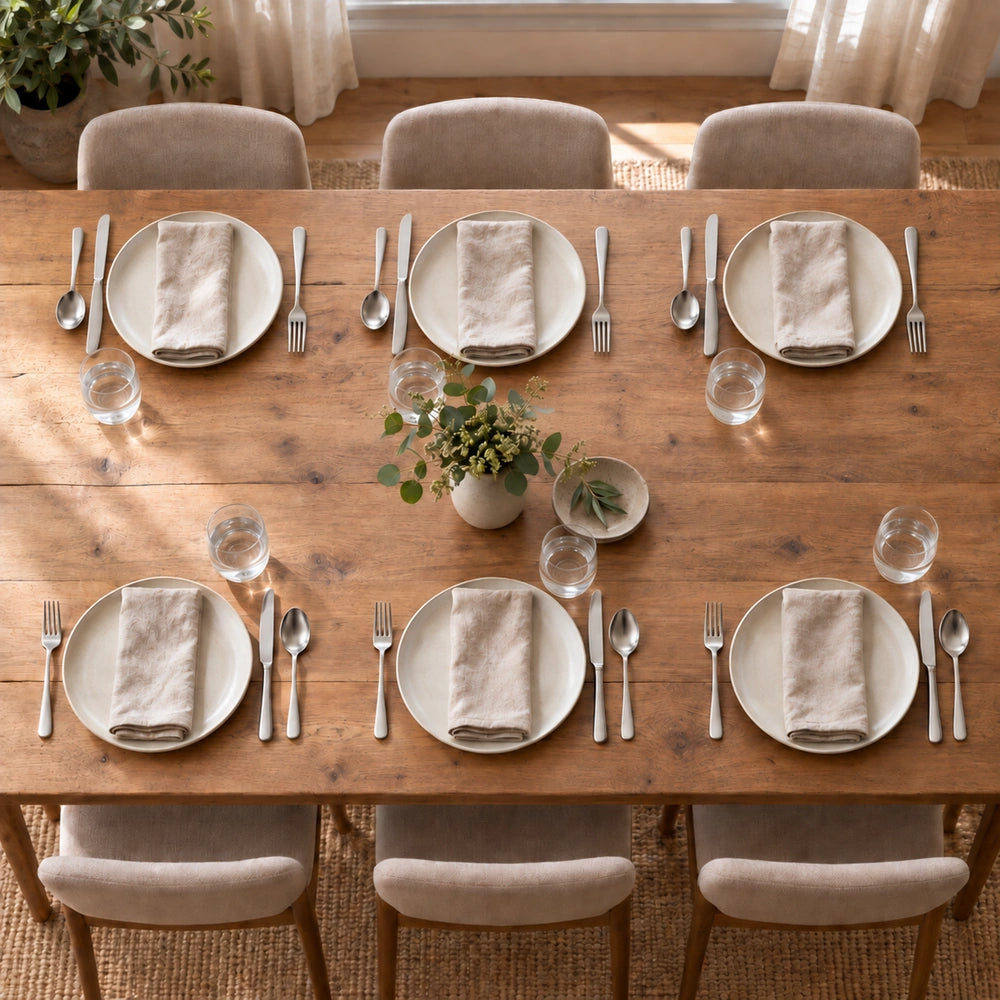 Gedekte tafel voor zes personen met zilverkleurig bestek en beige linnen servetten