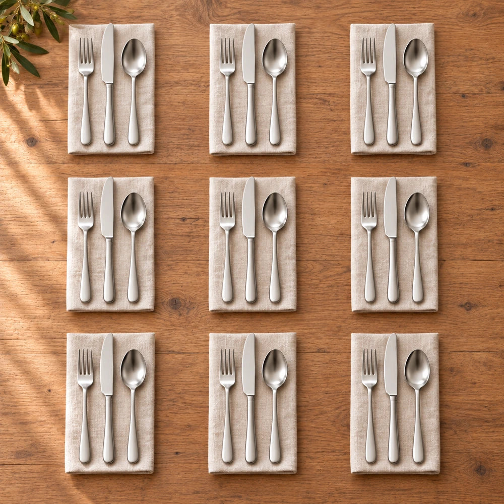 Negen groepen zilverkleurig bestek op beige linnen servetten en een houten tafel
