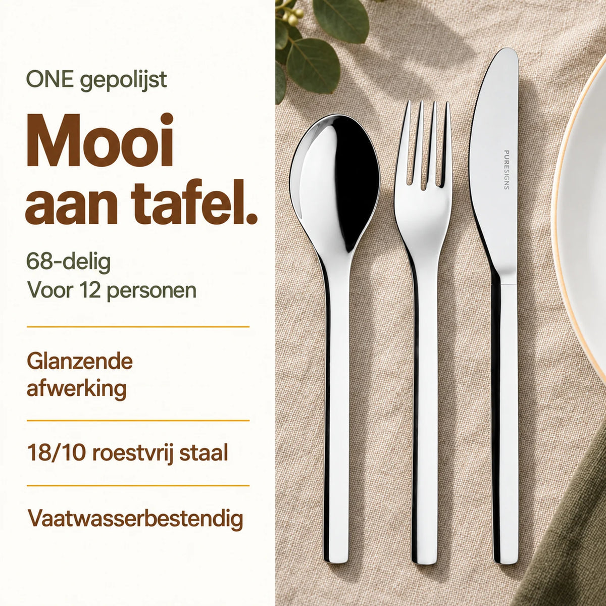 ONE gepolijst lepel, vork en mes op licht linnen naast een wit bord, met voordelen van de 68-delige bestekset voor 12 personen.