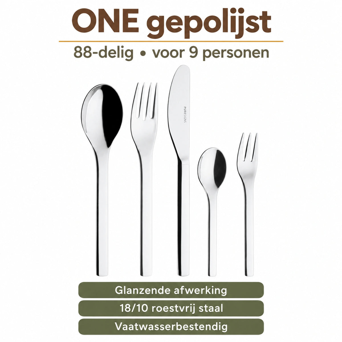 ONE gepolijst: vijf bestekdelen uit de 88-delige set voor 9 personen, met informatie over afwerking, materiaal en onderhoud.