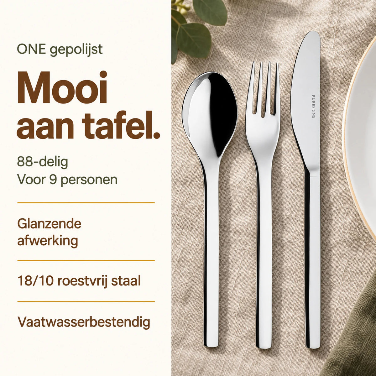 ONE gepolijst lepel, vork en mes op licht linnen naast een wit bord, met voordelen van de 88-delige bestekset voor 9 personen.