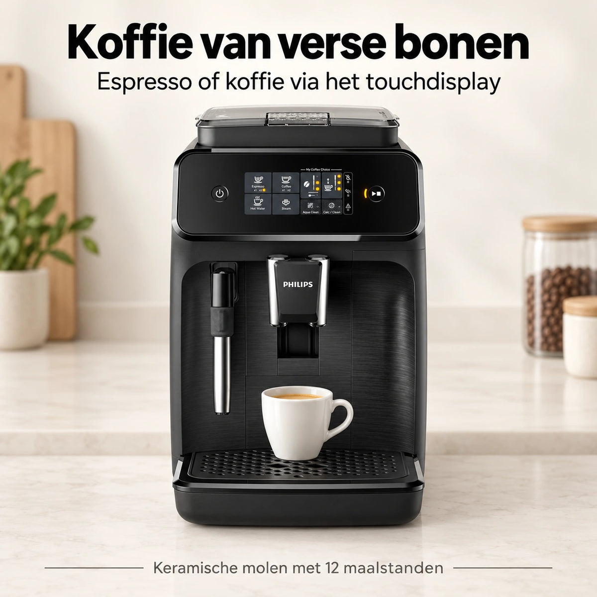 Zwarte Philips EP1220/00 espressomachine met touchdisplay en keramische molen met 12 maalstanden voor verse koffiebonen.