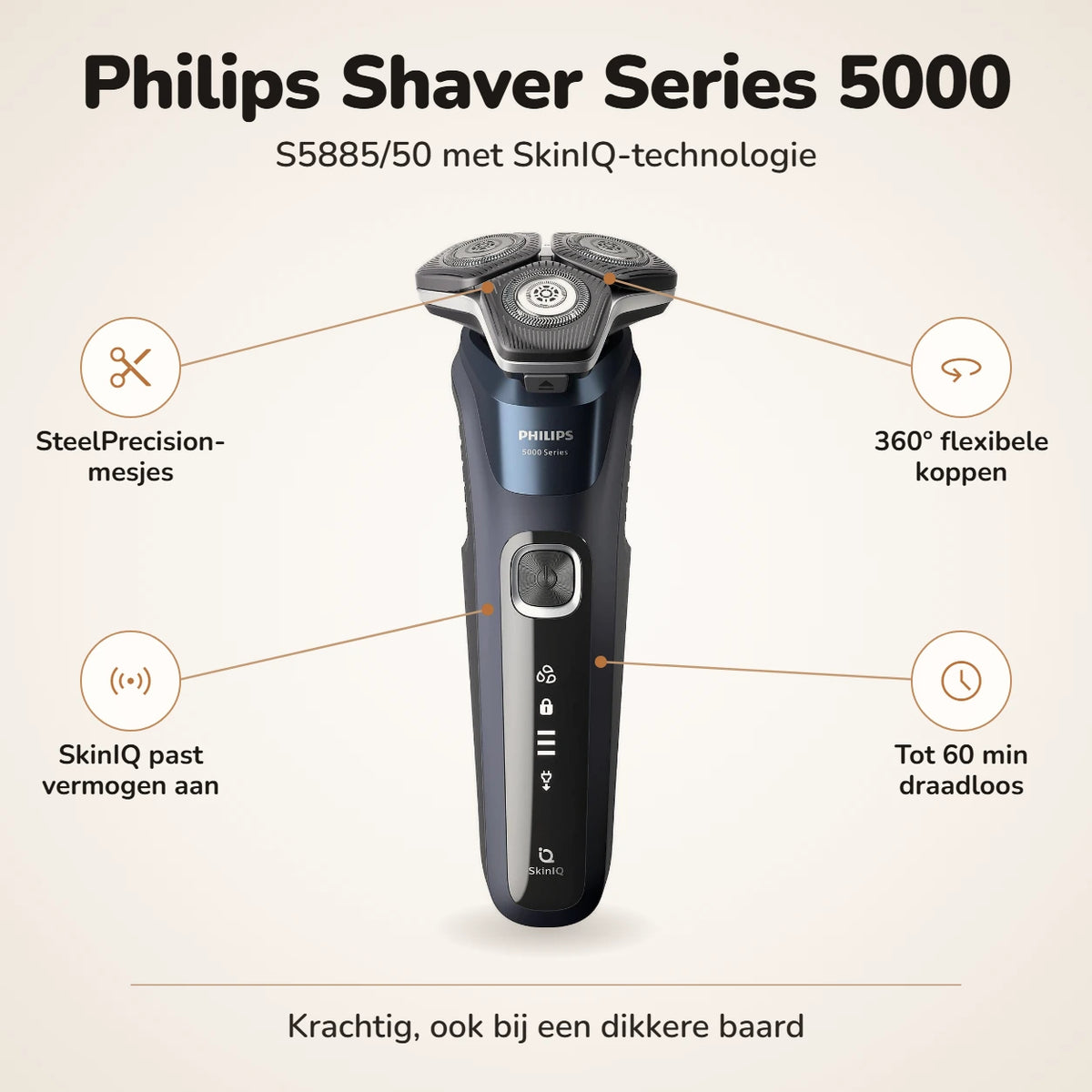 Philips Shaver Series 5000 S5885/50 met SteelPrecision-mesjes, 360 graden flexibele koppen, SkinIQ en tot 60 minuten draadloos