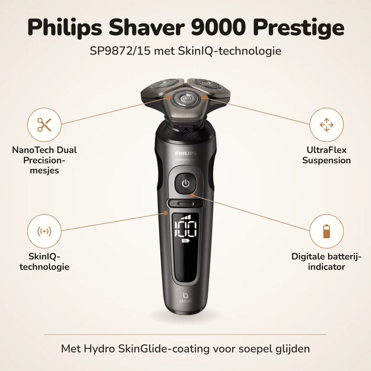 Philips Shaver 9000 Prestige SP9872/15 met NanoTech Dual Precision-mesjes, UltraFlex Suspension en SkinIQ