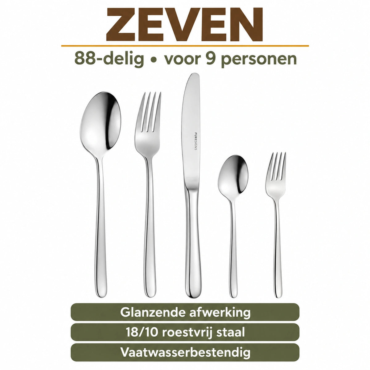 ZEVEN: vijf bestekdelen uit de 88-delige set voor 9 personen, met informatie over afwerking, materiaal en onderhoud.
